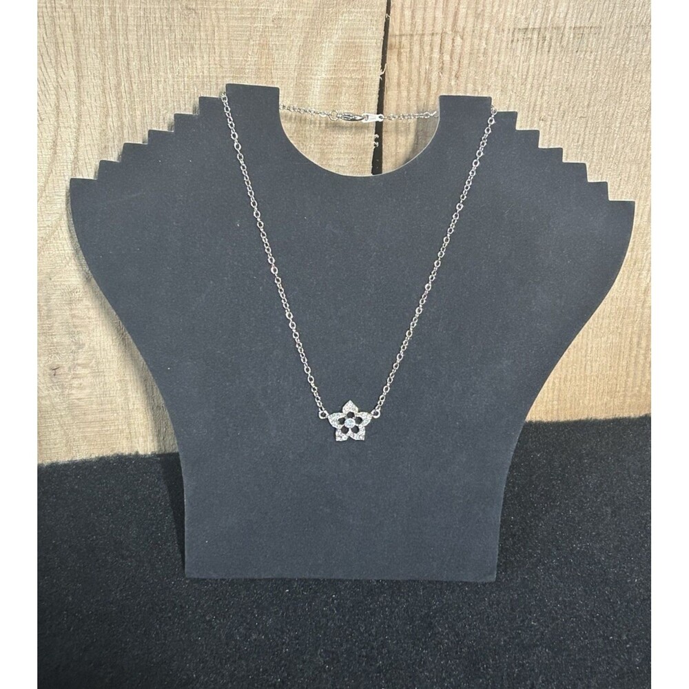 Silver Tone Cable Chain Fixed Flower Pendant 16" Necklace Rhinestones J387